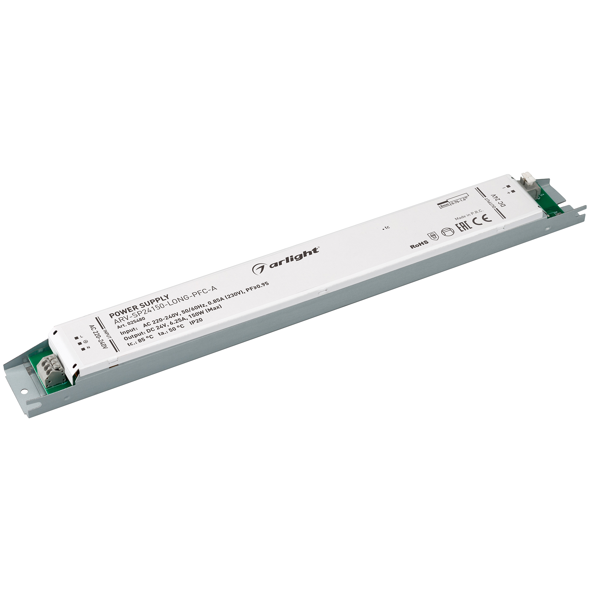 Блок питания ARV-SP24150-LONG-PFC-A (24V, 6.25A, 150W) 025480 - Источник напряжения с гальванической развязкой для светодиодных изделий. Входное напряжение 220-240 VAC. Выходные параметры: 24 В, 6.25 А, 150 Вт. Встроенный PFC >0.95. Негерметичный алюминие
