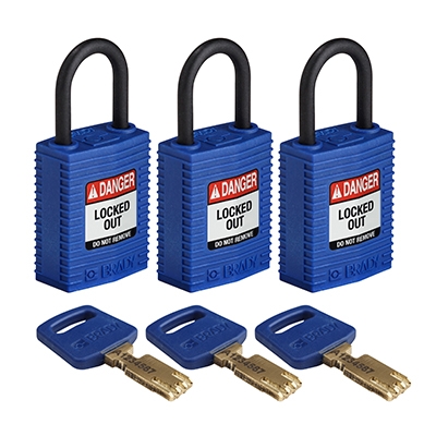 gws150192 - Замки SafeKey нейлоновые компактные, нейлоновая дужка, высота дужки – 25 мм, диаметр дужки – 4.3 мм, нейлоновый корпус, размеры корпуса – 43х32х19 мм, система "Одинаковые ключи", цвет – синий, 3 шт/упак
