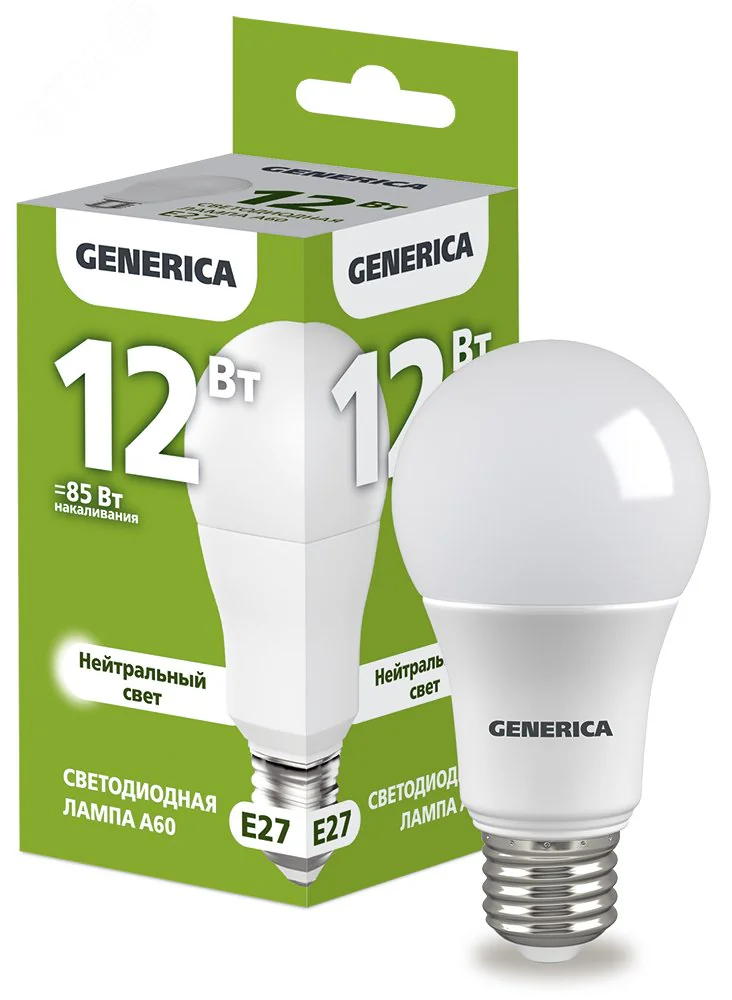 Лампа светодиодная A60 груша 12Вт 230В 4000К E27 GENERICA LL-A60-12-230-40-E27-G