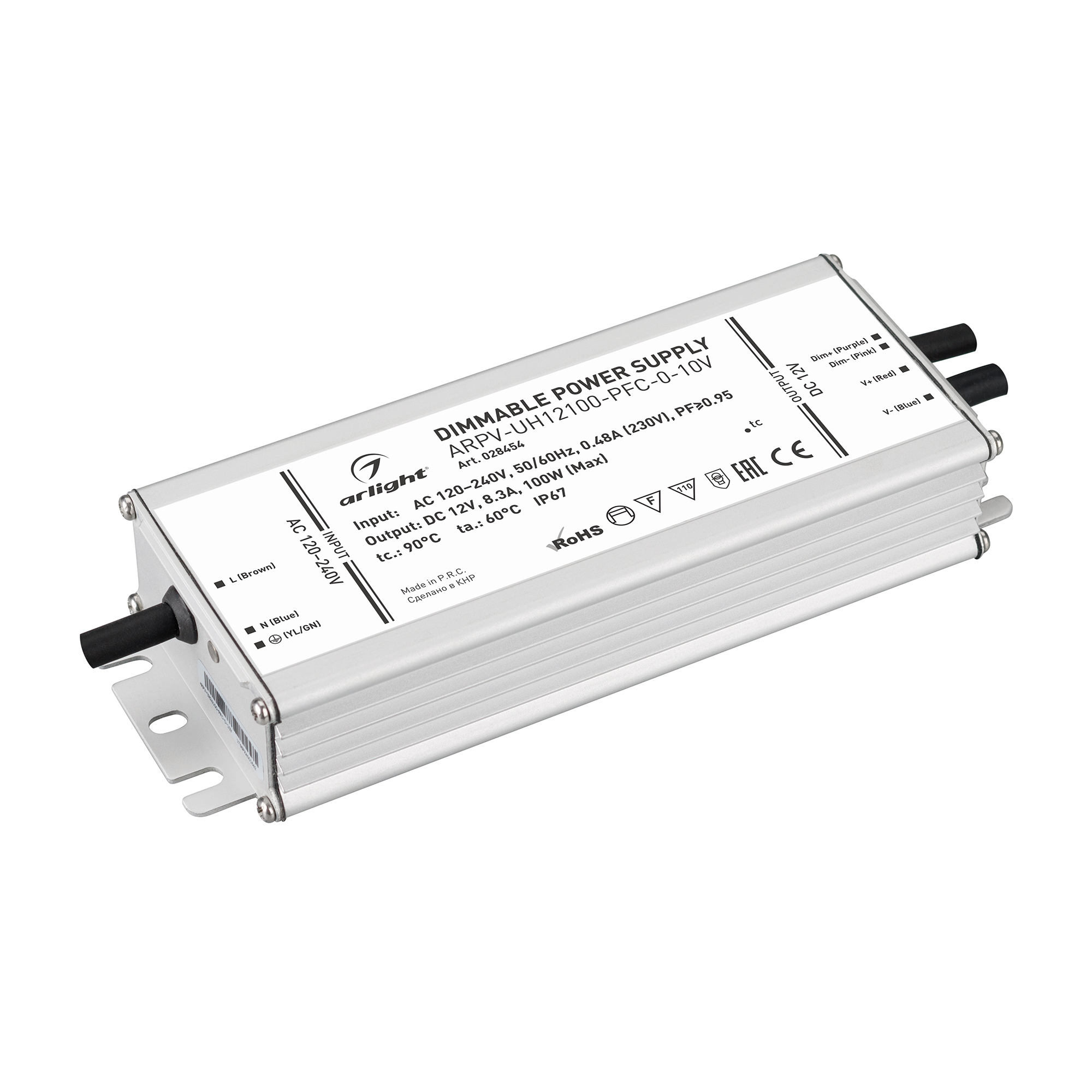 Блок питания ARPV-UH12100-PFC-0-10V (12V, 8.3A, 100W) 028454 - Диммируемый источник напряжения по стандарту 0/1-10 В с гальванической развязкой для светодиодных изделий. Входное напряжение 120-240 VAC. Выходные параметры: 12 В, 8.3 А, 100 Вт. Встроенный P