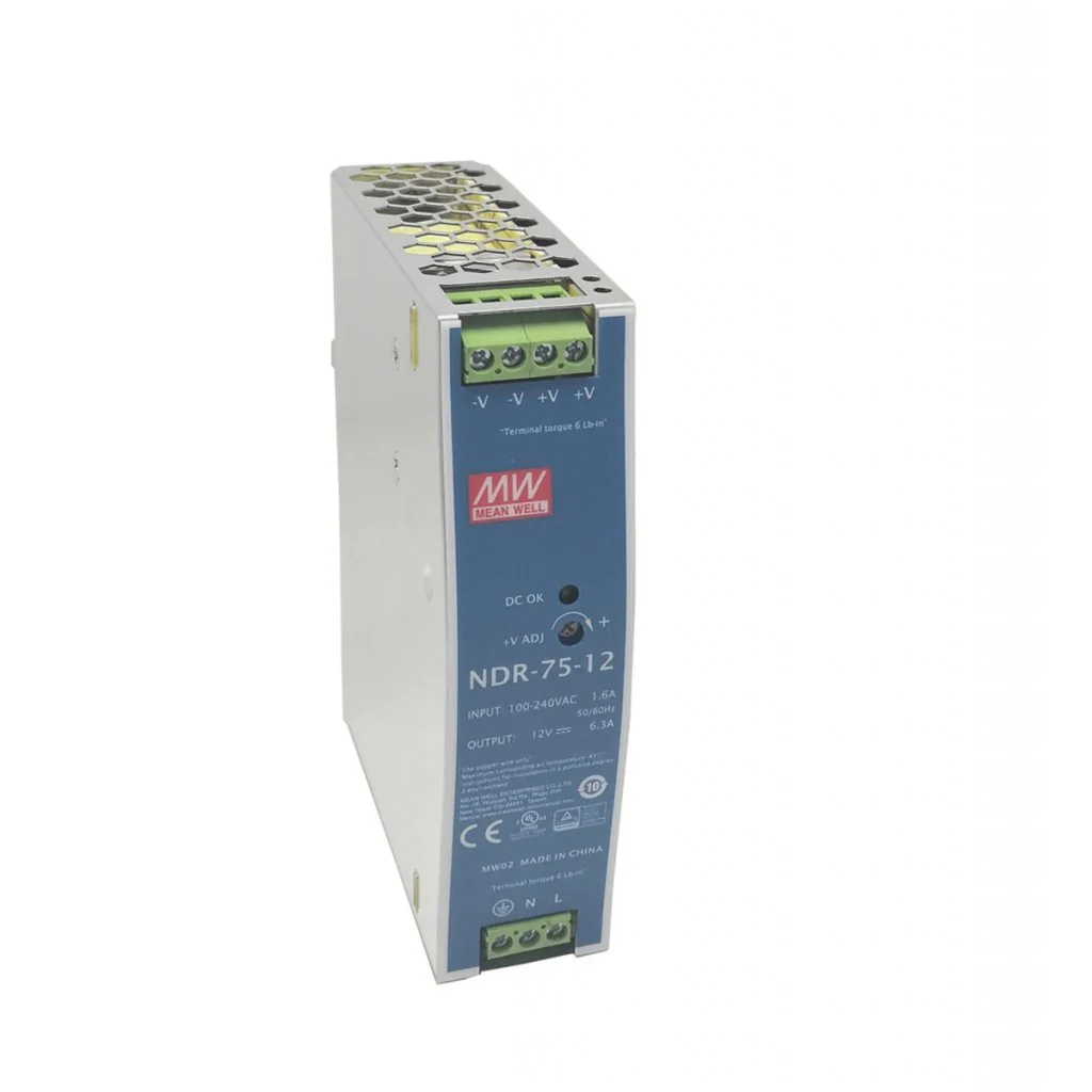 NDR-75-12 - Преобразователь AC-DC на DIN-рейку  75Вт, вход 90…264V AC, 47…63Гц /127…370В DC, выход 12В/6.3A, рег. вых 12...14В, изоляция 3000В AC, в кожухе  32х125.2х102мм, -20…+60°С