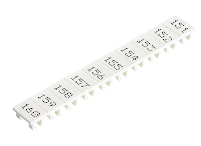 Шильдик 9705A/5/10 B  151-160 - Маркировка для клемм сечением 2,5 мм.кв., шириной 5 мм, 10 шильдиков, белая, нанесенные знаки: 151 – 160