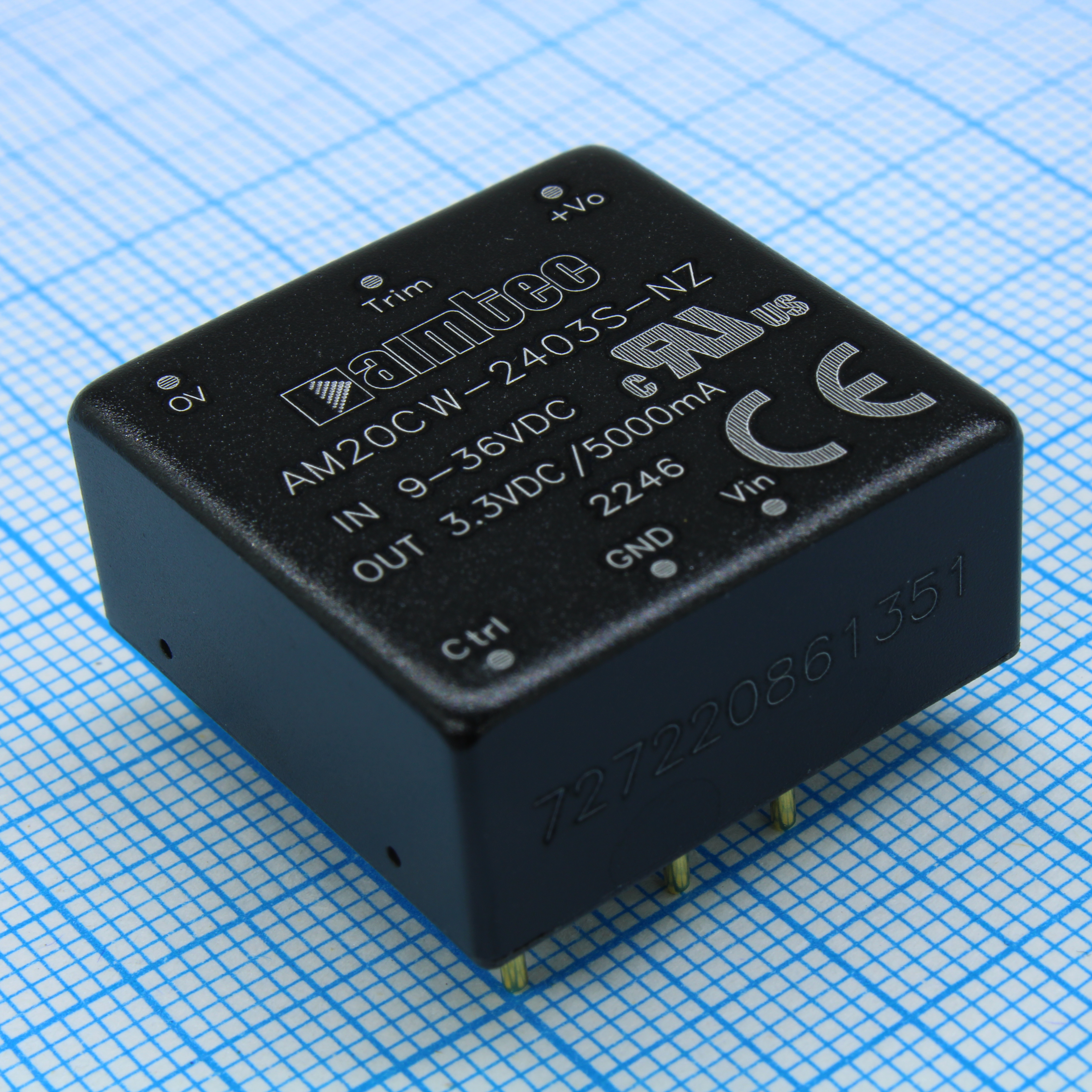 AM20CW-2403S-NZ - DC/DC, 20Вт, вход 9…36В, выход 3.3В/5А, изоляция 1500В DC, КПД 88%, максимальная емкостная нагрузка не более 10000мкФ, вход On/Off, 1x1", 25.4x25.4x11.7мм, -40…105°C, металл