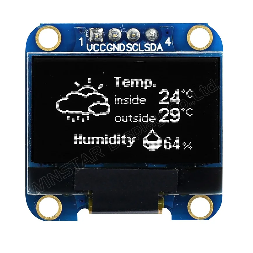 WEA012864DWPP3N00003 - OLED 0.96" графический, 128x64, на плате, белый, контроллер IC SSD1306BZ, интерфейс I2C, Uпит=3v, -40...+80°С
