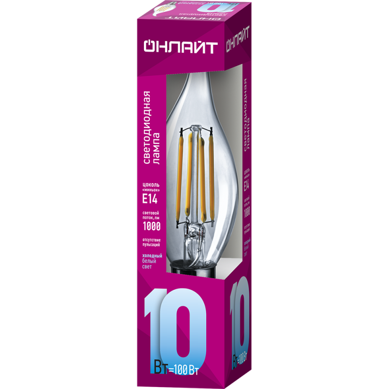 Лампа светодиодная филаментная 80 899 OLL-F-FC35-10-230-4K-E14 10Вт свеча на ветру прозрачная 4000К нейтр. бел. E14 1000лм 220-240В 80899