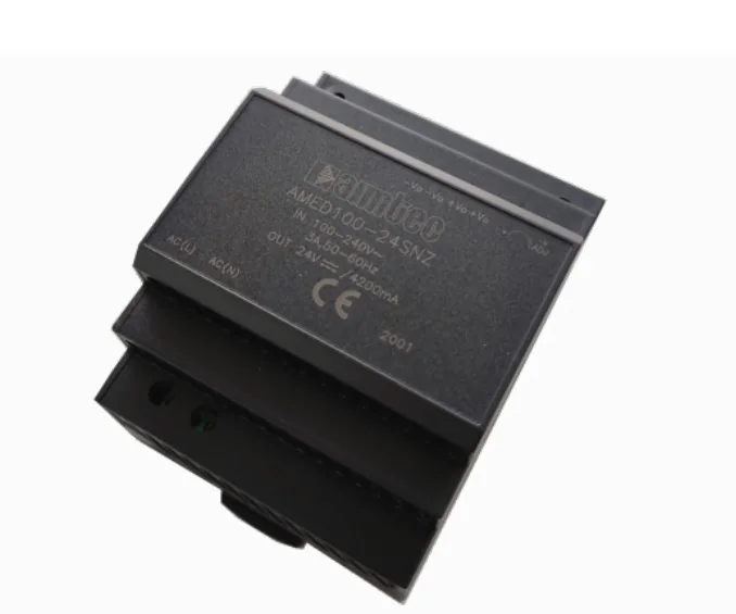 AMED100-24SNZ - AC/DC, 100.8Вт, вход 85...264 В AC 47...63Гц/120...370В DC, выход 24В/4.2А, рег. вых 21.6…29В, изоляция 4000В AC, КПД 90%, максимальная емкостная нагрузка не более 2500мкФ, на DIN-рейку, 93х70х58мм, -40...+70°С