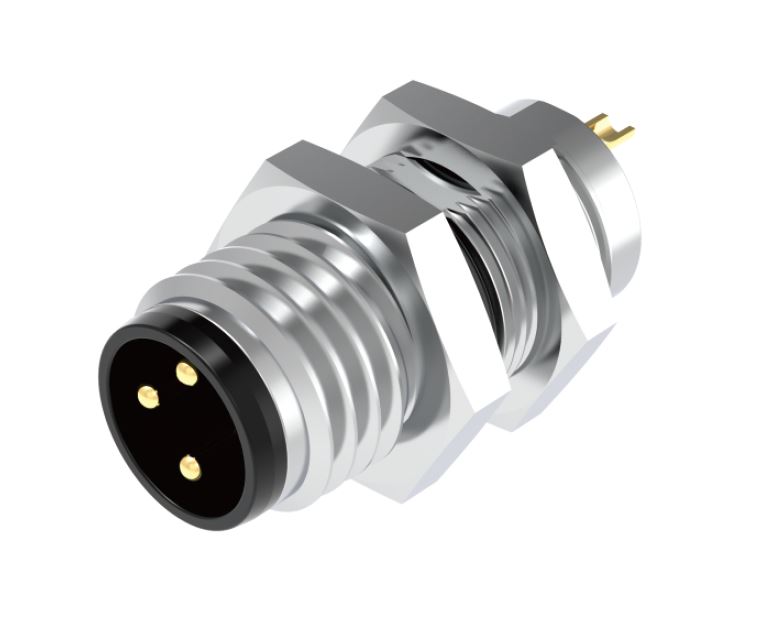 Вилочный разъем в панель M8A03C-MPSFHUA - Вилочный разъем в панель, 3 полюса, M8, гайка сзади, вывод под пайку, A-Code, 3А, 60V, резьба на гайке M8*0.5, резьбовое соединение: латунь, неэкранированный