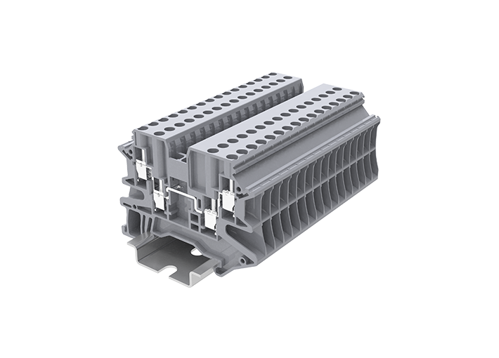 Проходная клемма TU2.5-4-GY - Проходная клемма, 4 точки подключения, тип фиксации провода: винтовой, номинальное сечение: 2,5 мм кв., 24A, 1000V, ширина: 5,2 мм, цвет: серый, тип монтажа: DIN 35