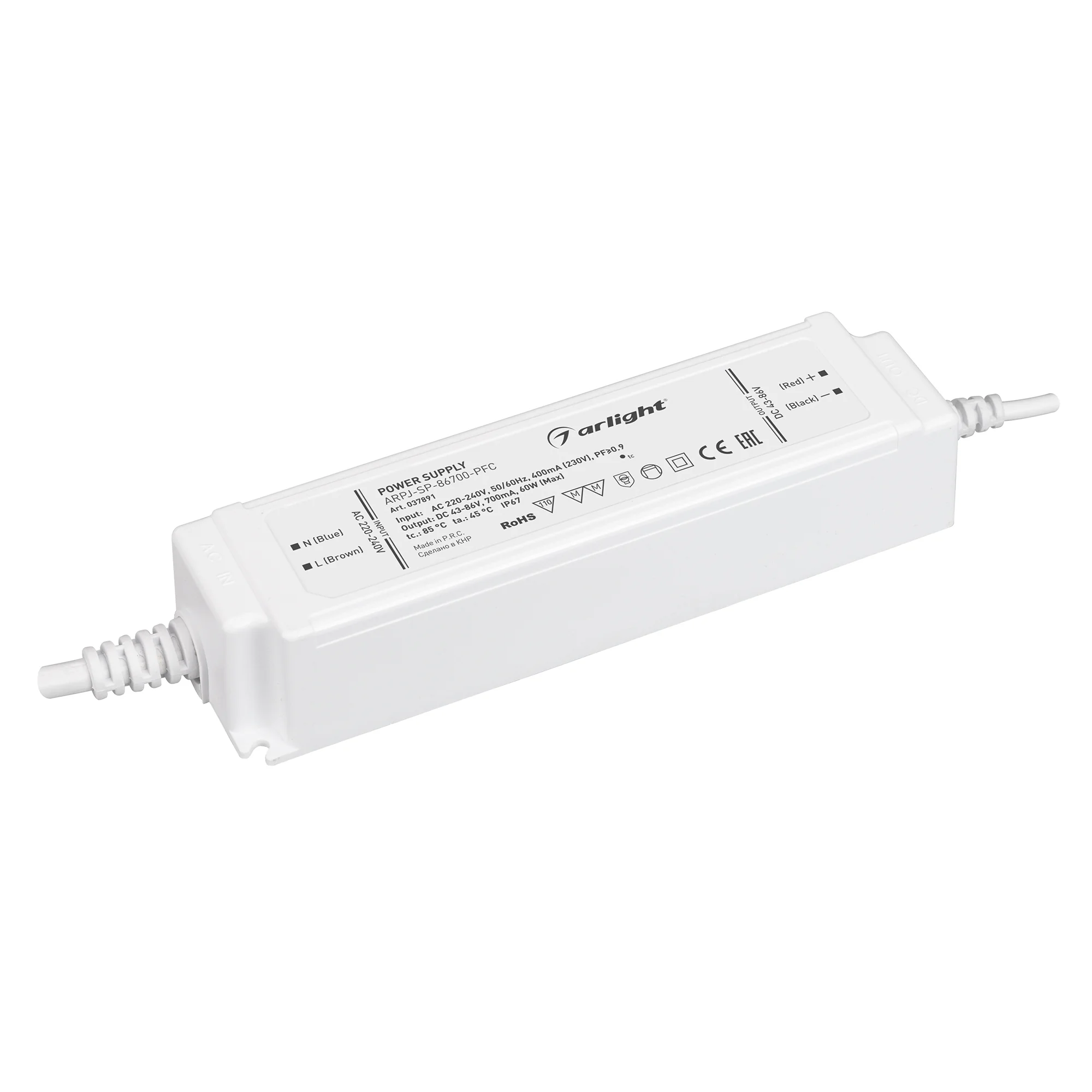 Блок питания ARPJ-SP-86700-PFC (60W, 43-86V, 0.7A) 037891 - Источник тока с гальванической развязкой для светильников и мощных светодиодов. Входное напряжение 220-240 VAC. Выходные параметры: 43-86 В, 700 mА, 60 Вт. Встроенный PFC >0.9. Герметичный пласти