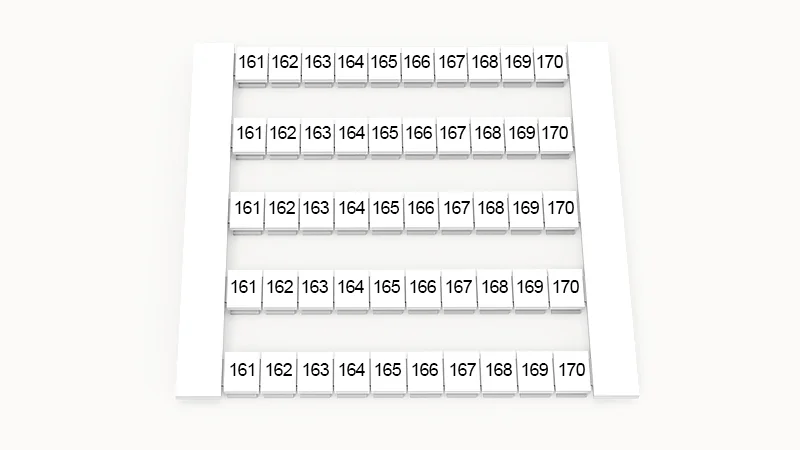 Марк. кассета DEK6-50P-19-118Z(H) - Кассета с шильдиками для клемм WS…, сечением 4 мм кв., боковая, 50 шильдиков, нанесенные символы: 161-170, 5 полосок, с вертикальным расположением, размер шильдика: 5,8х5,5 мм, цвет белый