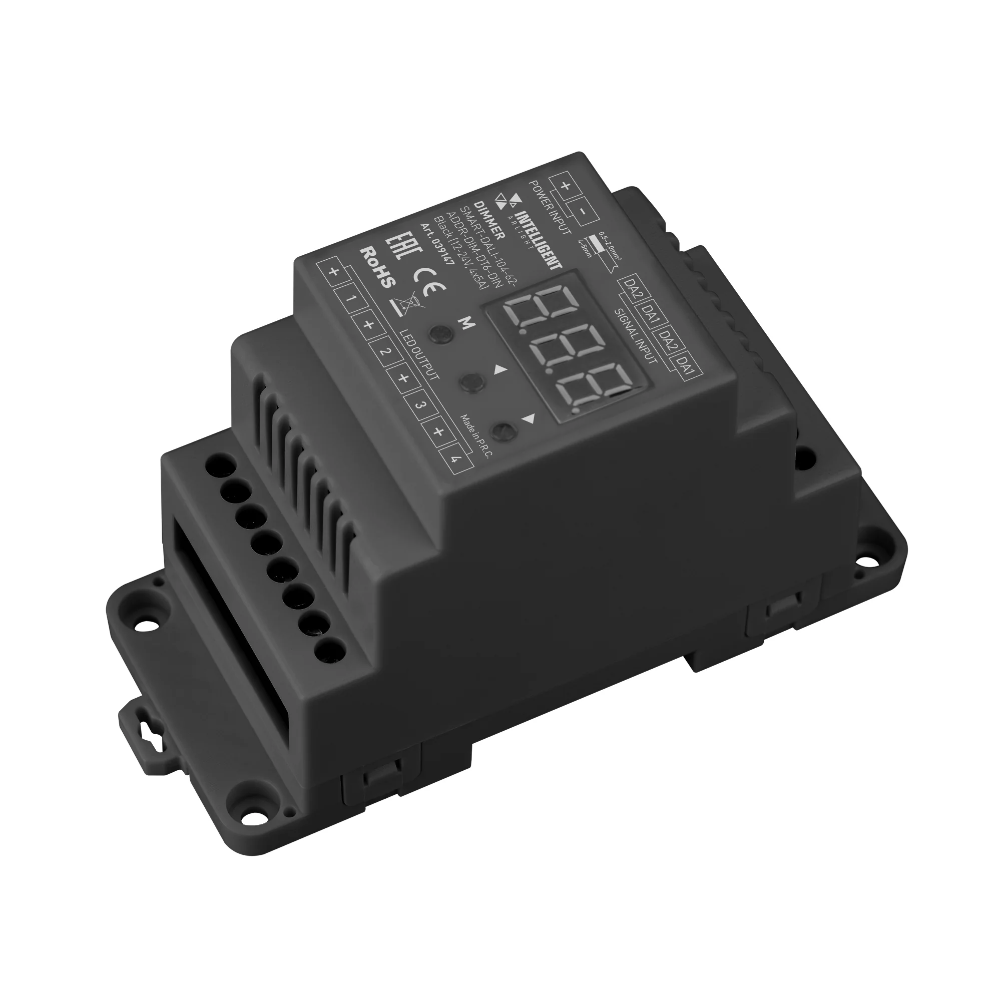 INTELLIGENT ARLIGHT Диммер SMART-DALI-104-62-ADDR-DIM-DT6-DIN Black (12-24V, 4x5A) 039147 - Диммер DALI (DT6) для RGBW светодиодных лент. 4 адреса устройства, 4 канала управления. Питание/выход DC 12-24V, ток нагрузки 4x5A, максимальная суммарная мощность