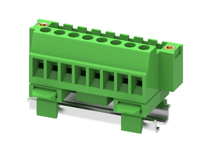 Вилочный разъем на кабель MC-PC5.08V23C-SF - Вилочный разъем, угловой, на кабель, шаг: 5.08 мм, 23 полюса, фиксация провода винтовая, исполнение: с креплением на DIN15 и монтажными фланцами, 320V, 12A, цвет: зеленый