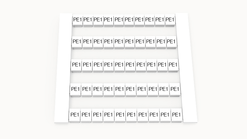 Марк. кассета DEK5-50P-19-155Z(H) - Маркировочные шильдики для клемм WS…, сечением 2,5 мм кв., боковая, 50 шильдиков, нанесенные символы: PE1, по 5 полосок,с вертикальным расположением, размер шильдика: 4,8х5,5 мм, цвет белый