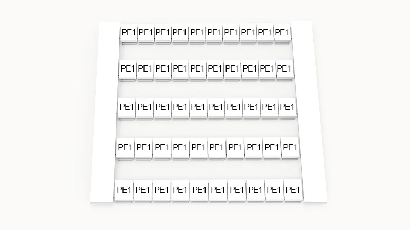 Марк. кассета DEK5-50P-19-155Z(H) - Маркировочные шильдики для клемм WS…, сечением 2,5 мм кв., боковая, 50 шильдиков, нанесенные символы: PE1, по 5 полосок,с вертикальным расположением, размер шильдика: 4,8х5,5 мм, цвет белый