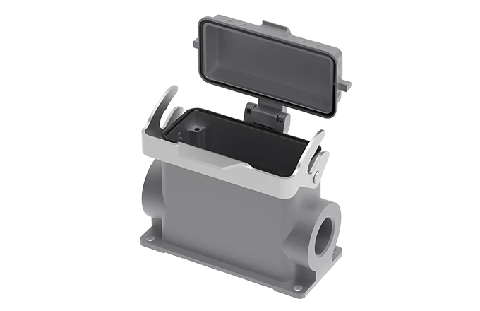 Закрытое основание разъема S16B-SMH-1L.M-2PG21PC - Основание разъема на панель, закрытое, типоразмер 16B, высокое исполнение, с уплотнителем, 2 отверстия с резьбой для кабельных вводов PG21, с одной защелкой, с защитной крышкой, материал корпуса: алюминие