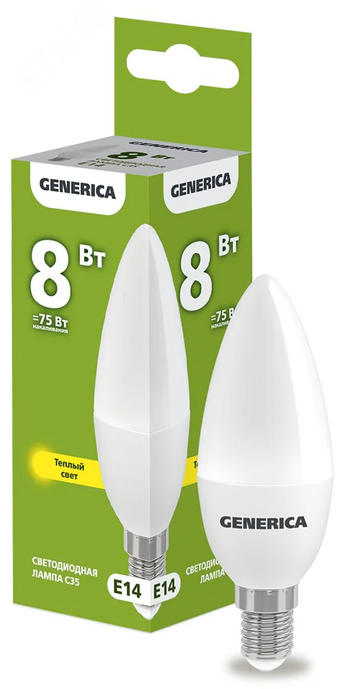 Лампа светодиодная C35 свеча 8Вт 230В 3000К E14 GENERICA LL-C35-08-230-30-E14-G