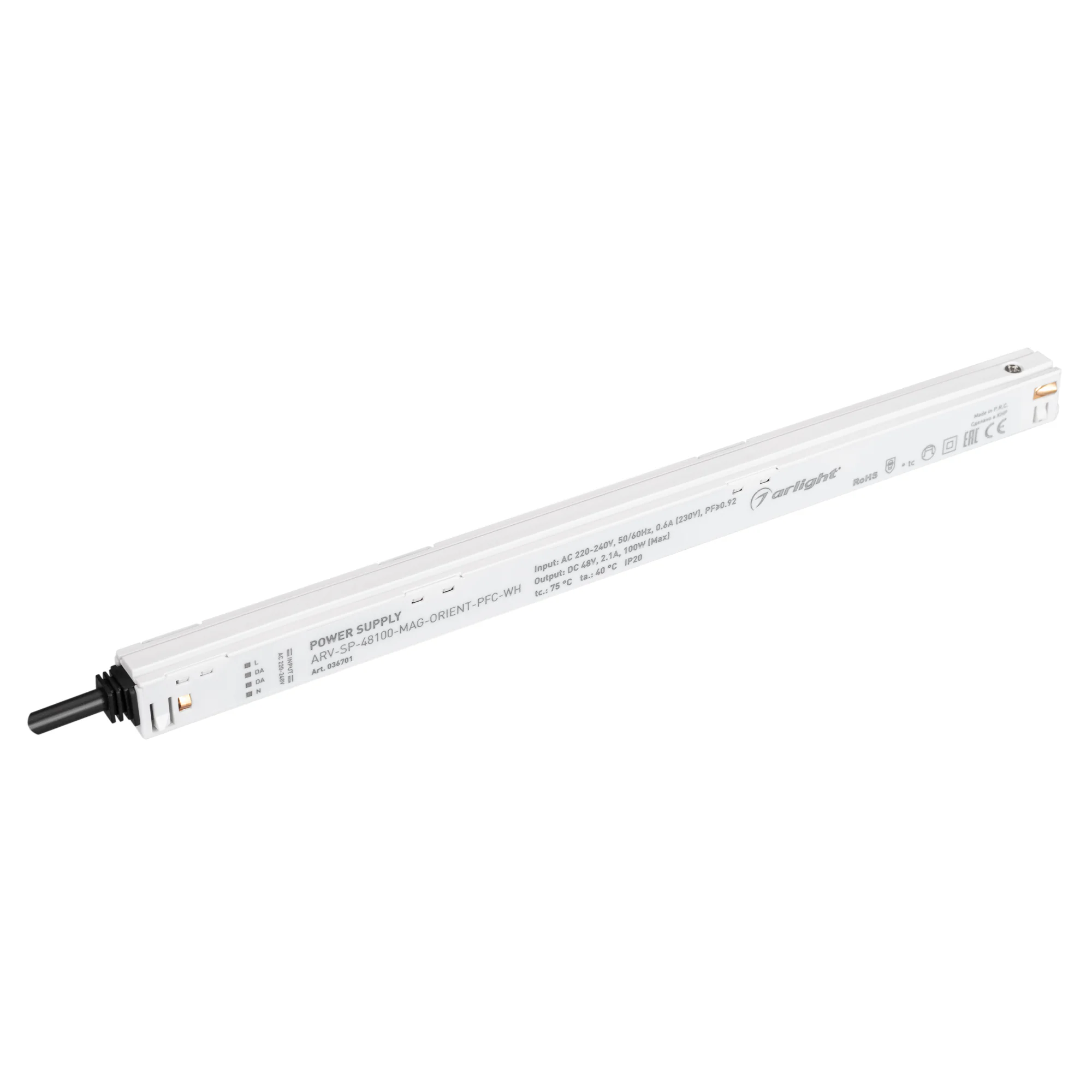 Блок питания ARV-SP-48100-MAG-ORIENT-PFC-WH (48V, 2.1A, 100W) 036701 - Источник напряжения с гальванической развязкой для для магнитной системы. Входное напряжение 220-240 VAC. Выходные параметры: 48 В, 2.1 А, 100 Вт. Встроенный PFC >0,92. Сверхтонкий пла