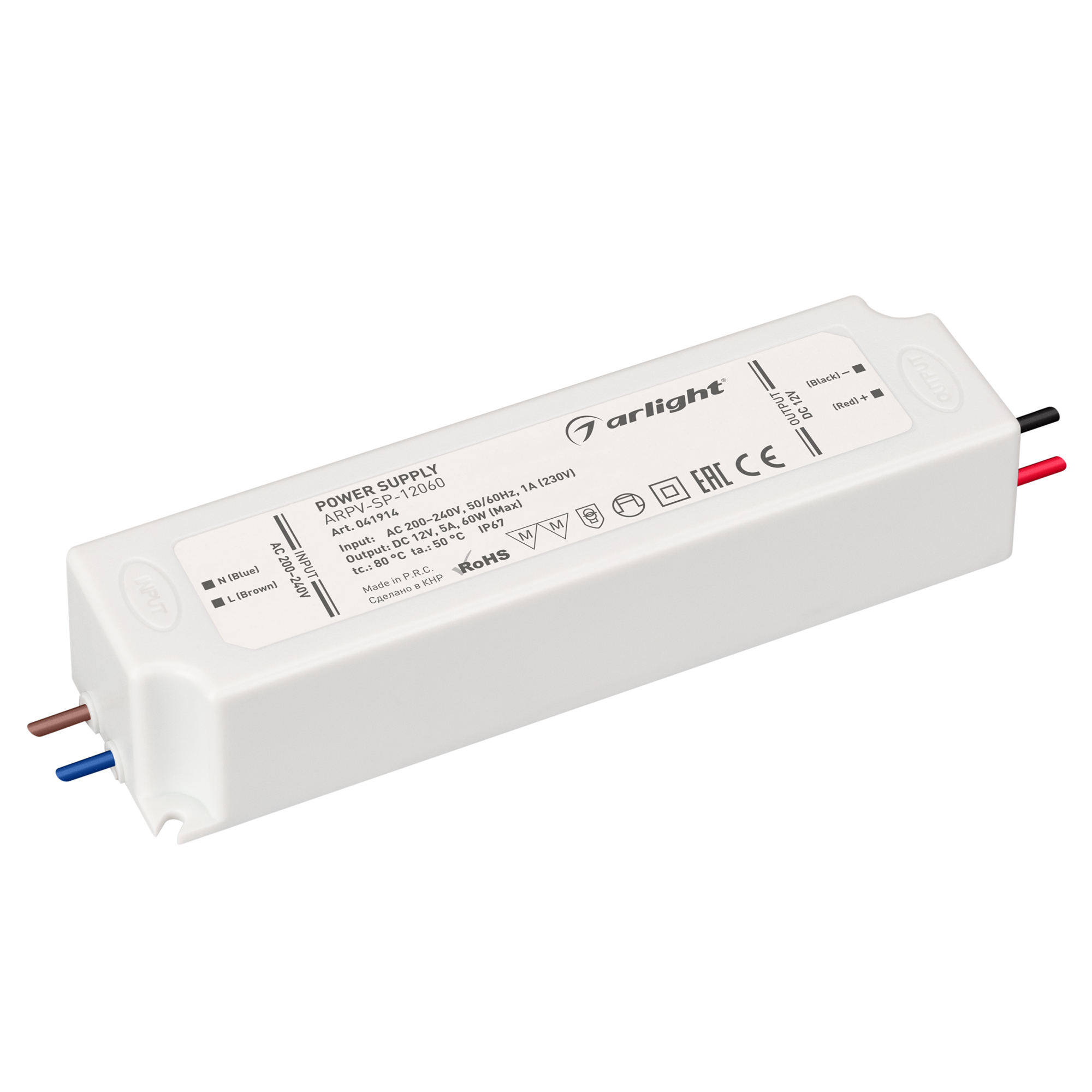 Блок питания ARPV-SP-12060 (12V, 5A, 60W) 041914 - Источник напряжения с гальванической развязкой для светодиодных изделий. Входное напряжение 200-240 VAC. Выходные параметры: 12 В, 5 А, 60Вт. Встроенный PFC >0.5. Герметичный пластиковый корпус IP 67. Раб