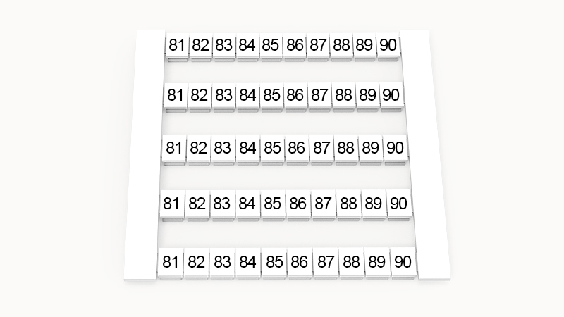 Марк. кассета DEK5-50P-19-41Z(H) - Маркировочные шильдики для клемм WS…, сечением 2,5 мм кв., боковая, 50 шильдиков, нанесенные символы: 81-90, по 5 полосок,с вертикальным расположением, размер шильдика: 4,8х5,5 мм, цвет белый