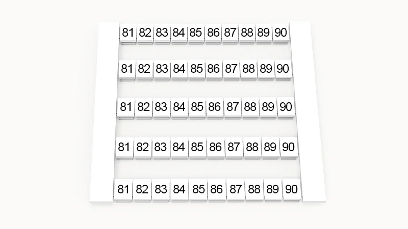 Марк. кассета DEK5-50P-19-41Z(H) - Маркировочные шильдики для клемм WS…, сечением 2,5 мм кв., боковая, 50 шильдиков, нанесенные символы: 81-90, по 5 полосок,с вертикальным расположением, размер шильдика: 4,8х5,5 мм, цвет белый