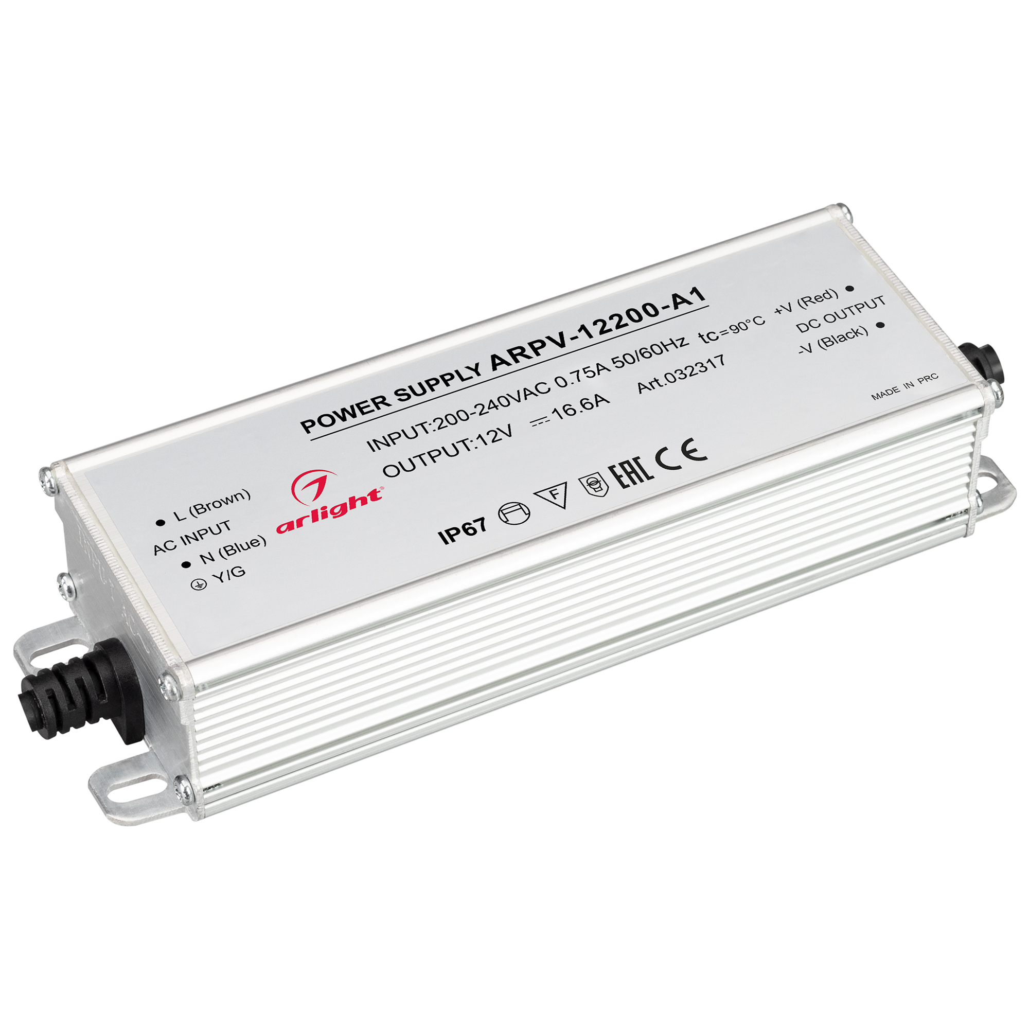Блок питания ARPV-12200-A1 (12V, 16.6A, 200W) 032317 - Источник напряжения с гальванической развязкой для светодиодных изделий. Входное напряжение 200-240 VAC. Выходные параметры: 12 В, 16,7 А, 200 Вт. Встроенный PFC >0,5. Герметичный алюминиевый корпус I