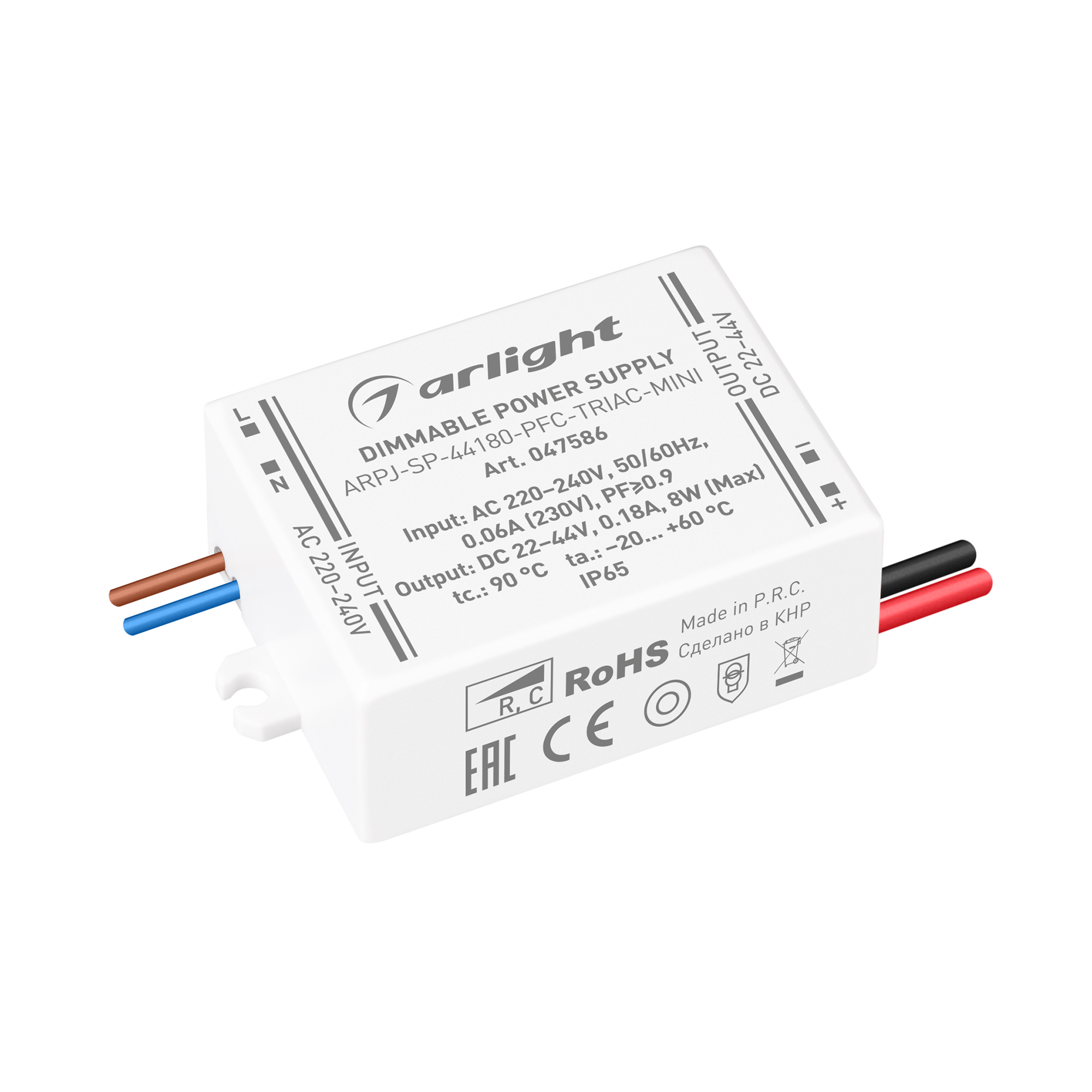 Блок питания ARPJ-SP-44180-PFC-TRIAC-MINI (8W, 22-44V, 180mA) 047586 - Диммируемый источник тока по стандарту TRIAC с гальванической развязкой для светильников и мощных светодиодов. Входное напряжение 220-240 VAC. Выходные параметры: 22-44 В, 180 mА, 8 Вт