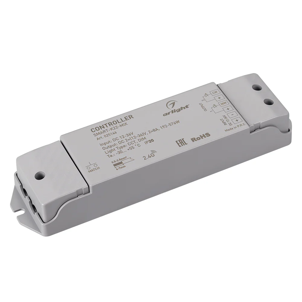 Контроллер SMART-K22-MIX (12-36V, 2x8A, 2.4G) 025146 - Контроллер для светодиодной MIX ленты (ШИМ). Питание/рабочее напряжение 12-36VDC, максимальный ток 8A на канал, 2 канала, максимальная мощность 192-576W. Винтовые клеммы. Корпус - PVC. Габариты 175x45