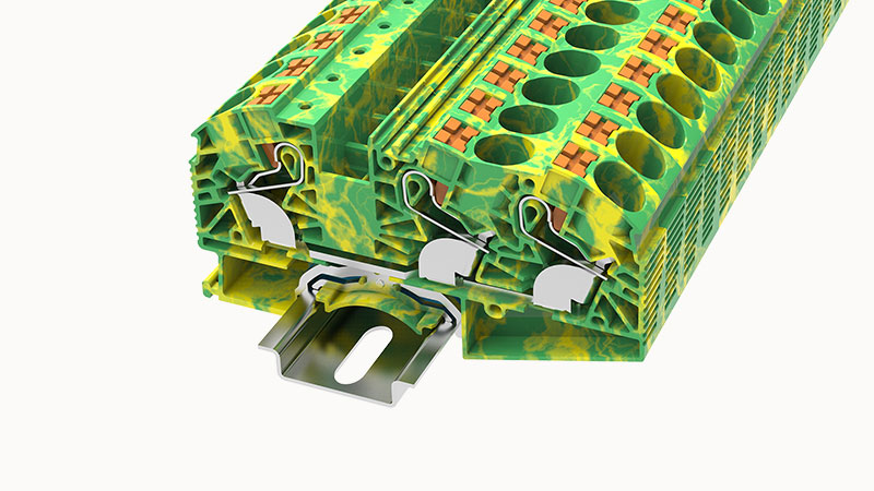 Заземляющая клемма DS16-TW-PE-01P-1C - Заземляющая клемма, 3 точки подключения, тип фиксации провода: Push-in, номинальное сечение: 16 мм кв., ширина: 12,2 мм, цвет: желто-зеленый, тип монтажа: DIN35