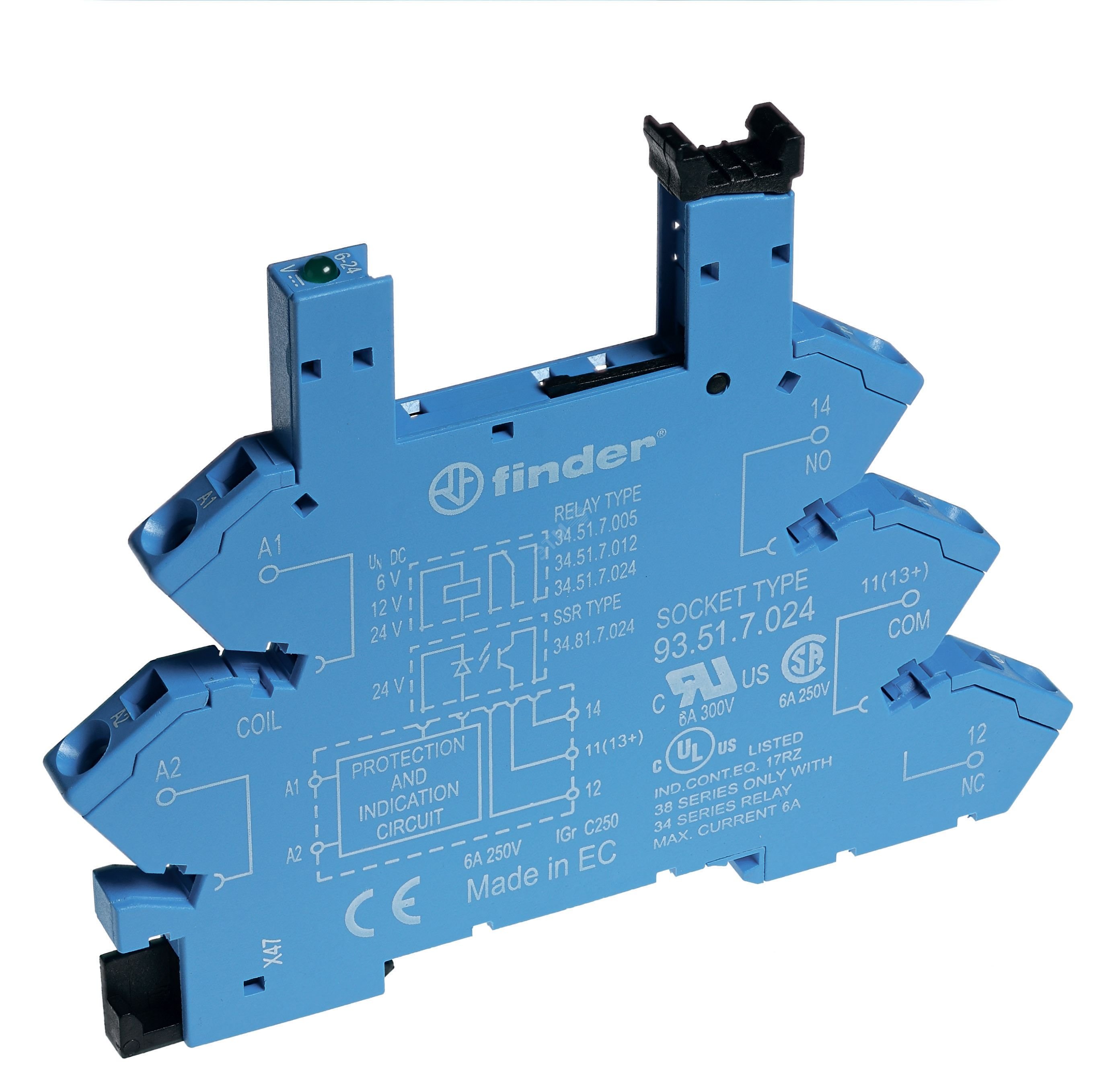 Розетка с безвинт. клеммами (пружинный зажим) для реле 34 серии 24В AC/DC в комплекте пластик. клипса LED 93510024
