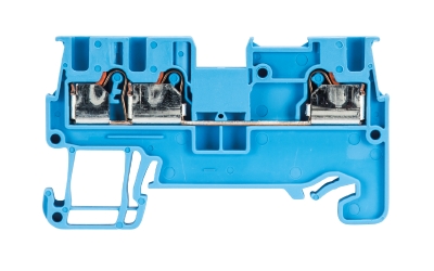 Клемма WTP 1,5 D1/2 BL - Проходная клемма, 3 точки подключения, тип фиксации провода: push-in, номинальное сечение: 1,5 мм кв., 17,5A, 500V, ширина: 3,5 мм, цвет: синий, тип монтажа: DIN 35