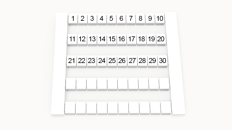 Марк. кассета DEK6-50P-19-62Z(H) - Кассета с шильдиками для клемм WS…, сечением 4 мм кв., боковая, 50 шильдиков, нанесенные символы: 1-30, 5 полосок с вертикальным расположением, размер шильдика: 5,8х5,5 мм, цвет белый