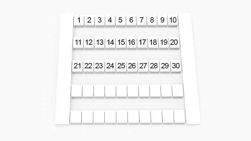 Марк. кассета DEK6-50P-19-62Z(H) - Кассета с шильдиками для клемм WS…, сечением 4 мм кв., боковая, 50 шильдиков, нанесенные символы: 1-30, 5 полосок с вертикальным расположением, размер шильдика: 5,8х5,5 мм, цвет белый
