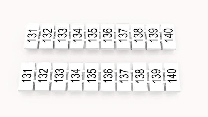 Марк.  полоска ZB5-10P-19-833Z(H) - Маркировочные шильдики для клемм WS…, DC…, PC…, сечением 2,5 мм кв., центральная, 10 шильдиков, нанесенные символы: 131-140 с горизонтальным расположением, размер шильдика: 4,55х10,7 мм, цвет белый