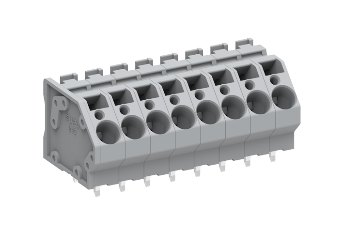 Розеточный разъем на плату 246302 - Клемма, подвод кабеля 45 град., на плату, шаг: 7.5 мм, 2 полюса, фиксация провода push-in, исполнение: два вывода на контакт, 630V, 41A, цвет: серый