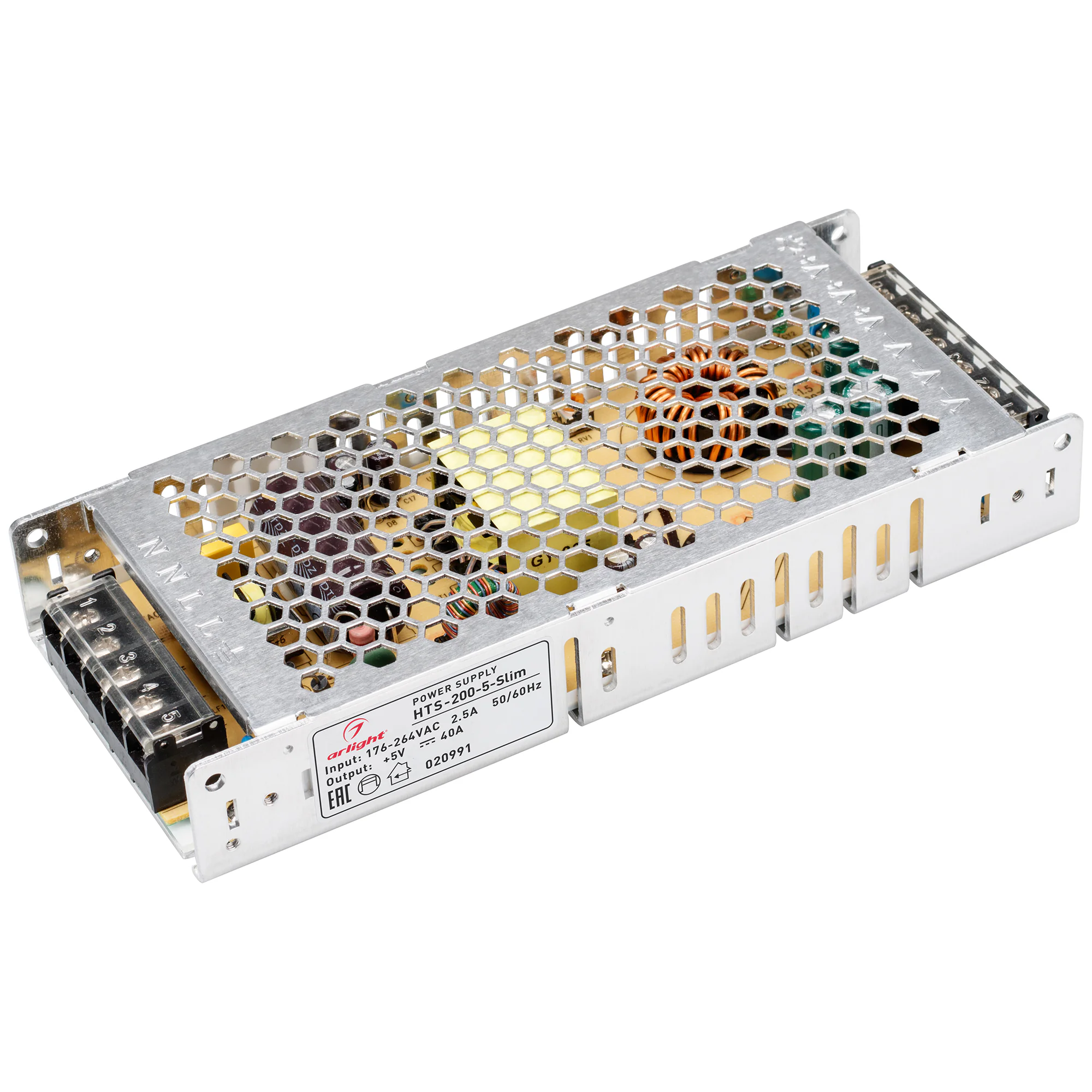 Блок питания HTS-200-5-Slim (5V, 40A, 200W) 020991 - Источник напряжения с гальванической развязкой для светодиодных изделий. Входное напряжение 176-264 VAC. Выходные параметры: 5 В, 40 А, 200 Вт. Встроенный PFC >0,5. Негерметичный алюминиевый сетчатый ко