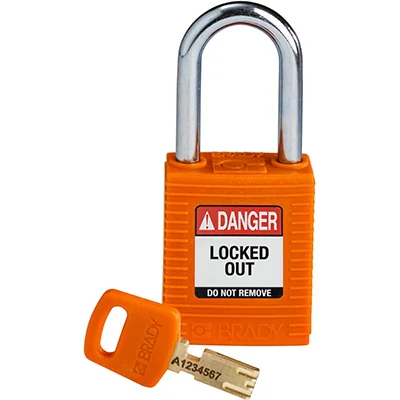gws150320 - Замок SafeKey нейлоновый со стальной дужкой, высота дужки – 38 мм, диаметр дужки – 6.4 мм, нейлоновый корпус, размеры корпуса – 46х38х19 мм, цвет – оранжевый, 1 шт/упак