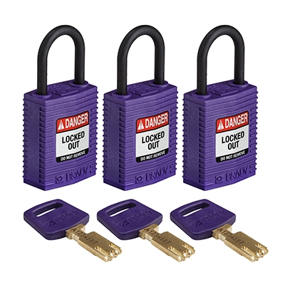 gws150195 - Замки SafeKey нейлоновые компактные, нейлоновая дужка, высота дужки – 25 мм, диаметр дужки – 4.3 мм, нейлоновый корпус, размеры корпуса – 43х32х19 мм, система "Одинаковые ключи", цвет – фиолетовый, 3 шт/упак