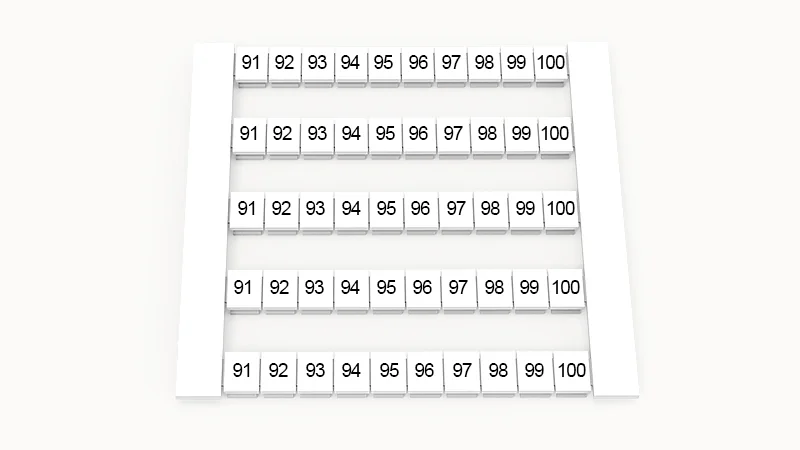 Марк. кассета DEK5-50P-19-42Z(H) - Маркировочные шильдики для клемм WS…, сечением 2,5 мм кв., боковая, 50 шильдиков, нанесенные символы: 91-100, по 5 полосок,с вертикальным расположением, размер шильдика: 4,8х5,5 мм, цвет белый