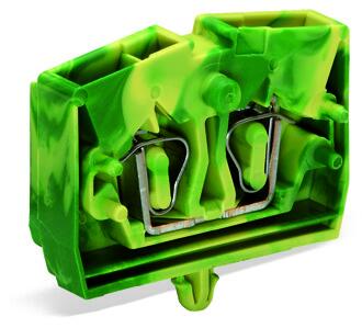 Клемма мини 254317 - Мини клемма, верхний подвод кабеля, 2 точки подключения в клемме, тип фиксации провода: пружинный, номинальное сечение: 2,5 мм кв., 24A, 800V, цвет: желто-зеленый, тип монтажа: защелки в панель