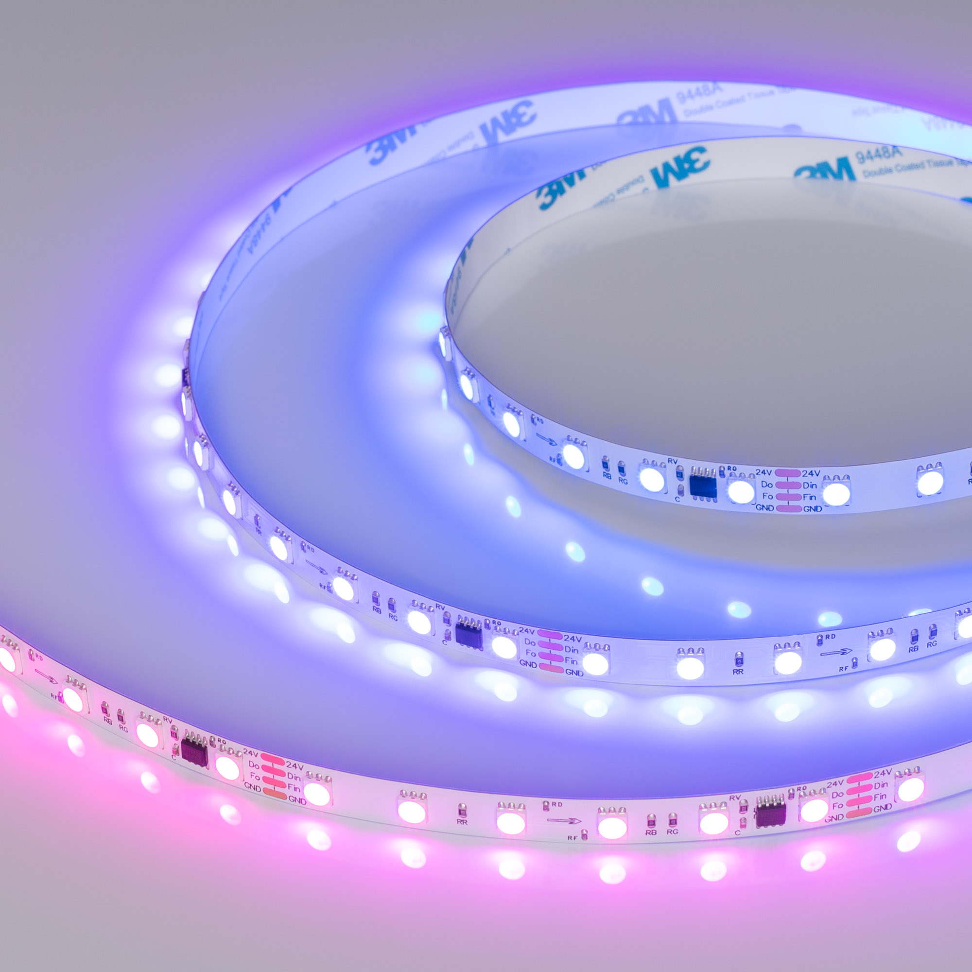 Лента SPI-B60-10mm 24V RGB-PX6-BPT (12 W/m, IP20, 5060, 5m) 039180 - Светодиодная лента SPI-B60, открытая IP20, с микросхемой MT1808A. Светодиоды 5060, 60 шт/м (1 pixel = 6 LED), белая плата, обход битого пикселя - BPT, скотч 3М. Цвет RGB, угол 120°. Пита