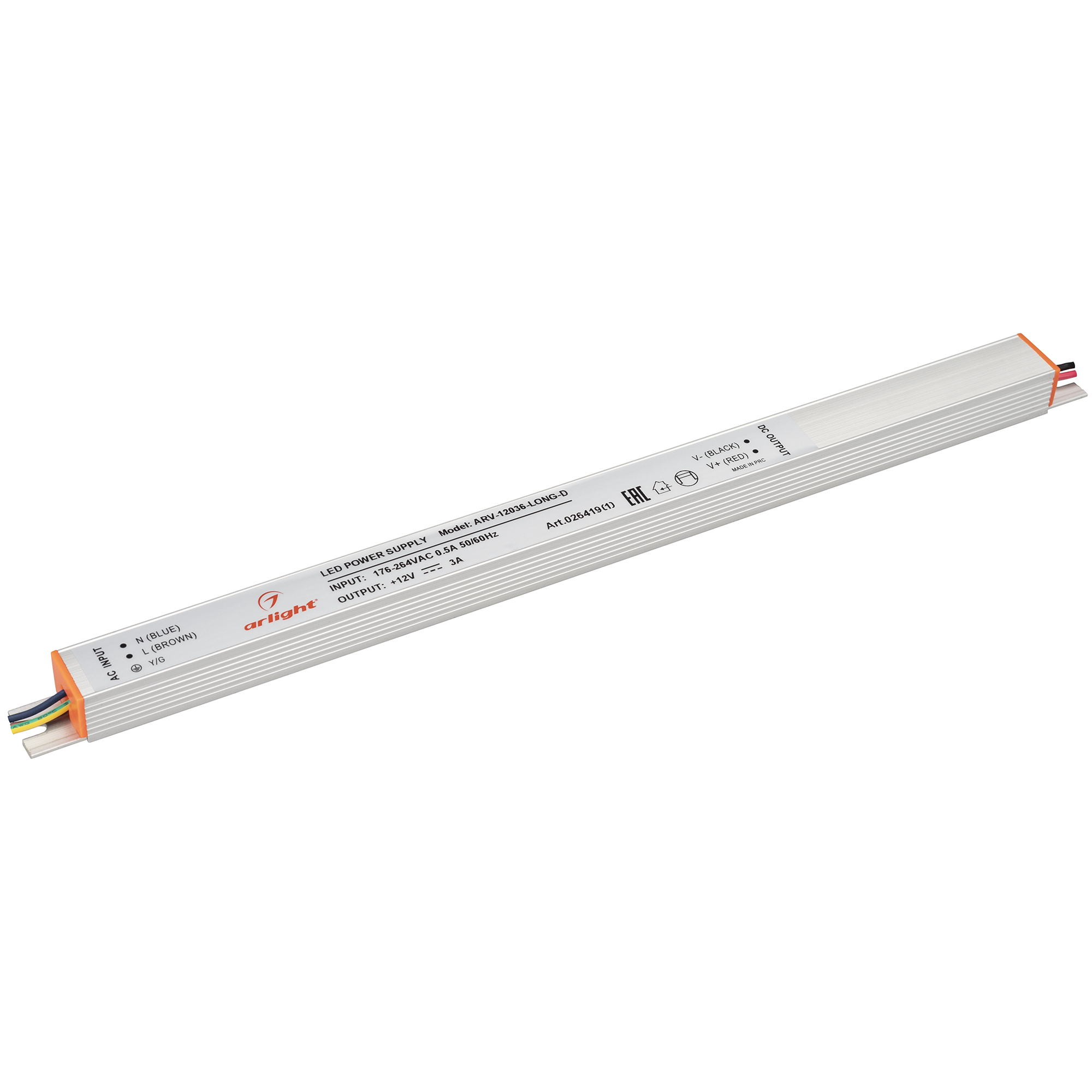 Блок питания ARV-12036-LONG-D (12V, 3A, 36W) 026419(1) - Источник напряжения с гальванической развязкой для светодиодных изделий. Входное напряжение 200-240 VAC. Выходные параметры: 12 В, 3 А, 36 Вт. Встроенный PFC >0,5. Негерметичный алюминиевый корпус I