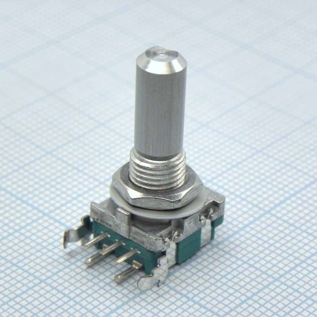 EC11B15242AE - Энкодер EC11, 30 щелчков, 15 импульсов, металлический вал с лыской 20мм, с кнопкой, крепление на гайку 7мм, вертикальные выводы   = EC11B152420Q