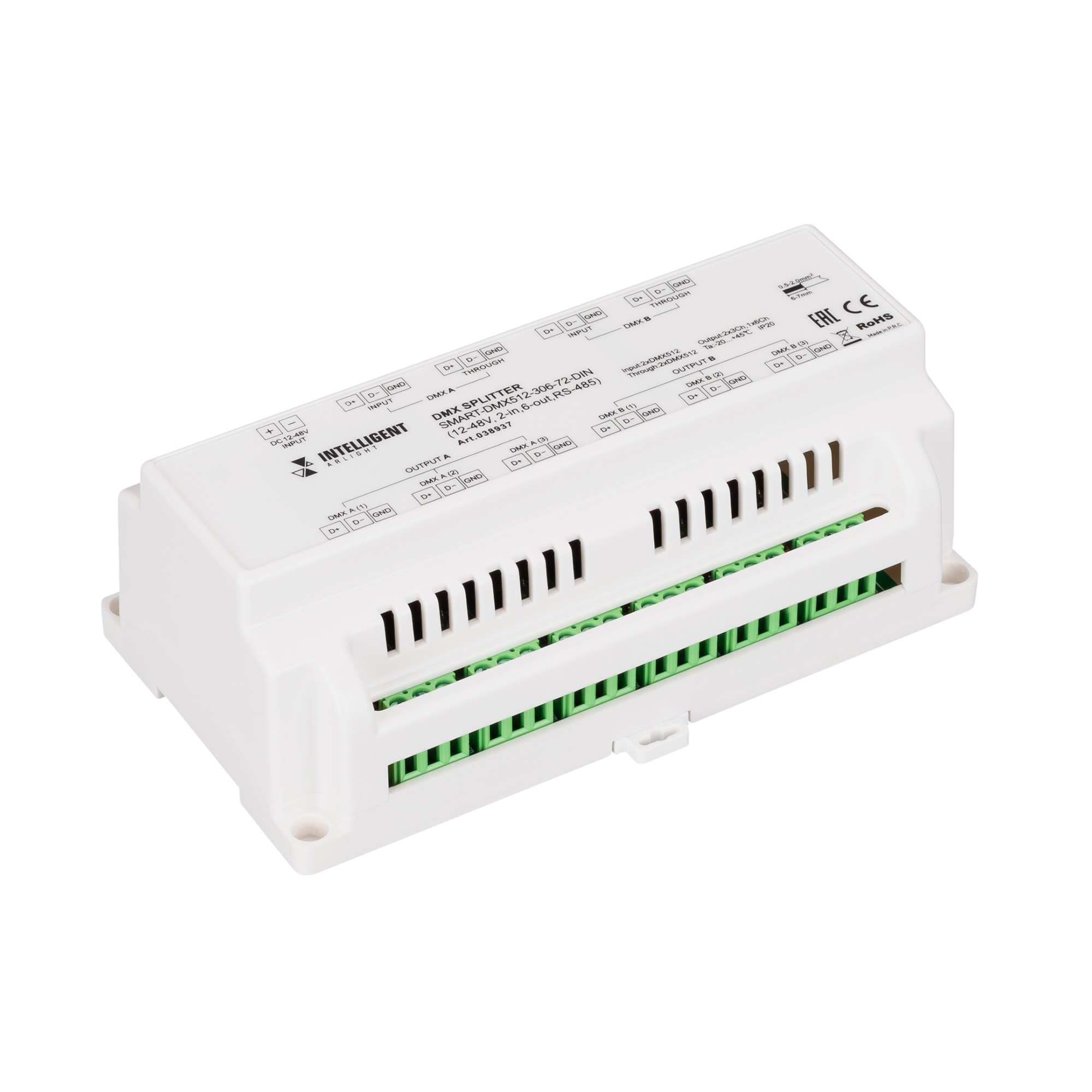 INTELLIGENT ARLIGHT Сплиттер SMART-DMX512-306-72-DIN (12-48V, 2-in, 6-out, RS-485) 038937 - Сплиттер (усилитель) DMX512 сигнала. Вход - 2 порта DMX512, выход - 6 портов DMX512. Напряжение питания DC 12-48V, разъемы RS-485 (терминальные клеммы). Габариты 1