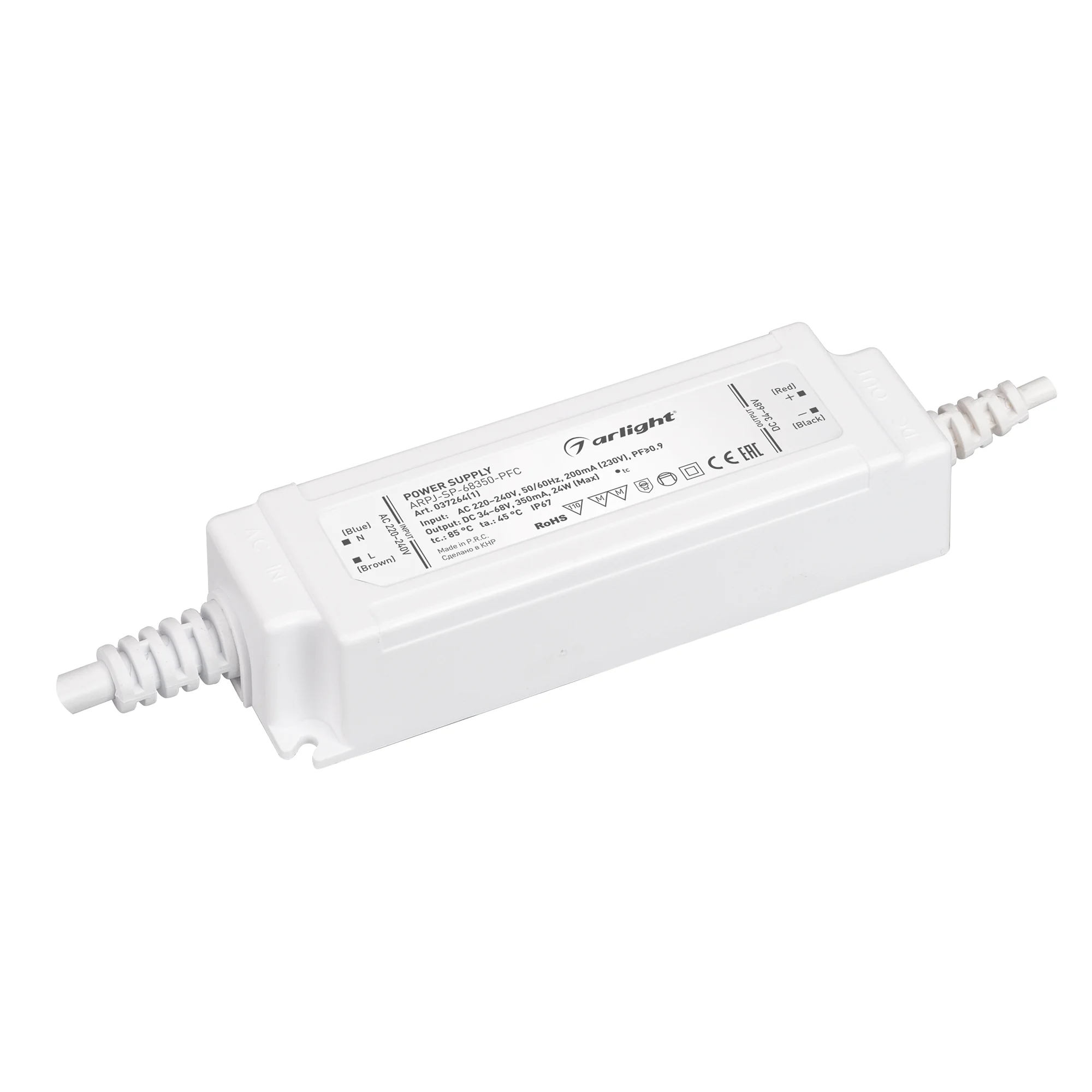 Блок питания ARPJ-SP-68350-PFC (24W, 34-68V, 0.35A) 037264(1) - Источник тока с гальванической развязкой для светильников и мощных светодиодов. Входное напряжение 220-240 VAC. Выходные параметры: 34-68 В, 350 mА, 24 Вт. Встроенный PFС >0.9. Герметичный пл