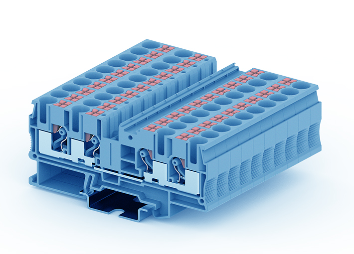 Проходная клемма TP6-4-BU - Проходная клемма, 4 точки подключения, тип фиксации провода: push-in, номинальное сечение: 6 мм кв., 41A, 1000V, ширина: 8,2 мм, цвет: синий, тип монтажа: DIN 35