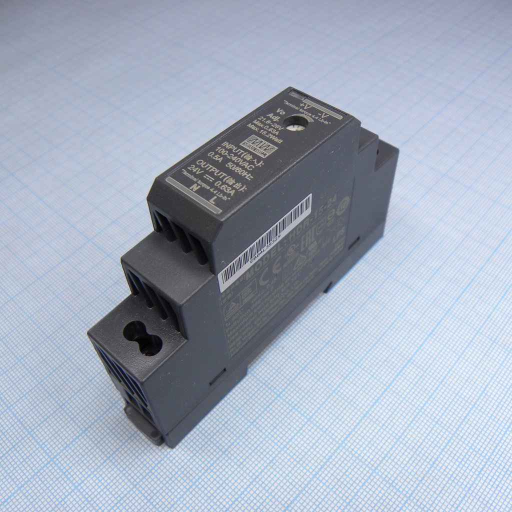 HDR-15-24 - AC-DC, 15.2Вт, вход 85...264 В AC 47...63Гц/120...370В DC, выход 24В/0.63А, изоляция 3000В AC, в кожухе на DIN-рейку, 17.5х90х54.5мм, -30...+70°С