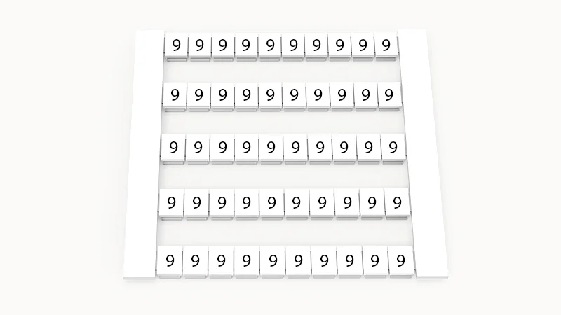 Марк. кассета DEK5-50P-19-83Z(H) - Маркировочные шильдики для клемм WS…, сечением 2,5 мм кв., боковая, 50 шильдиков, нанесенные символы: 9, по 5 полосок,с вертикальным расположением, размер шильдика: 4,8х5,5 мм, цвет белый