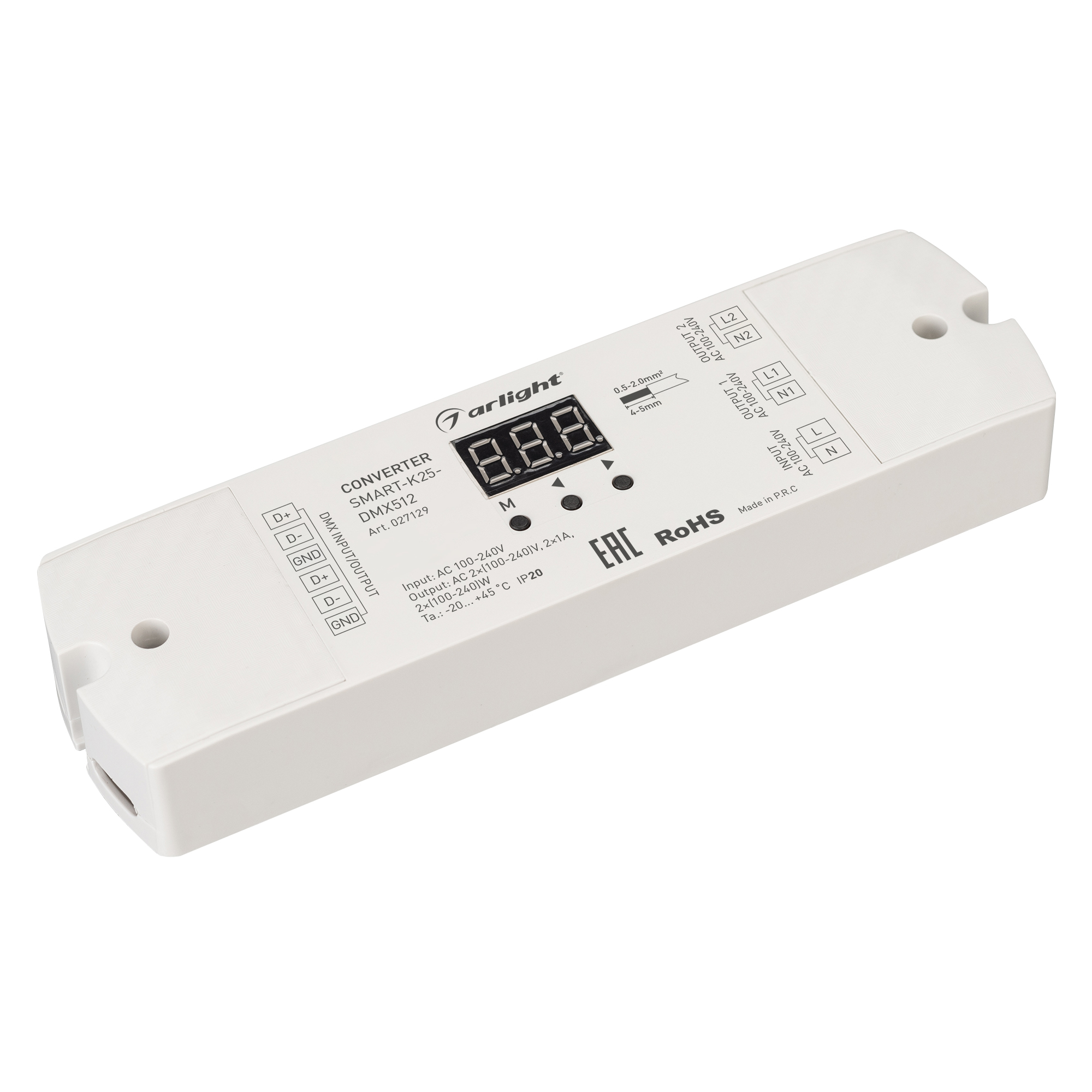 Конвертер SMART-K25-DMX512 (230V, 2x1A, TRIAC) 027129 - Конвертер сигнала DMX512 в TRIAC. Вход - DMX512, выход TRIAC(230V), напряжение питания AC 230V. 2 канала управления, ток нагрузки 2х1А. На корпусе цифровой дисплей. Габариты 170x50x23 мм.