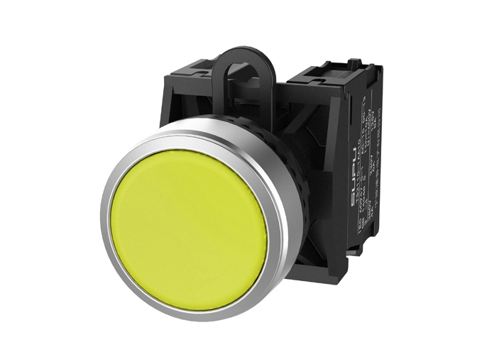 Кнопка плоская (желтая) TS2020-0AM30 - Кнопка круглая плоская, без блокировки, без подсветки, алюминиевое переднее кольцо, без контактной группы, диаметр головки кнопки 29,5 мм, диаметр посадочного отверстия: 22 мм, цвет: желтый