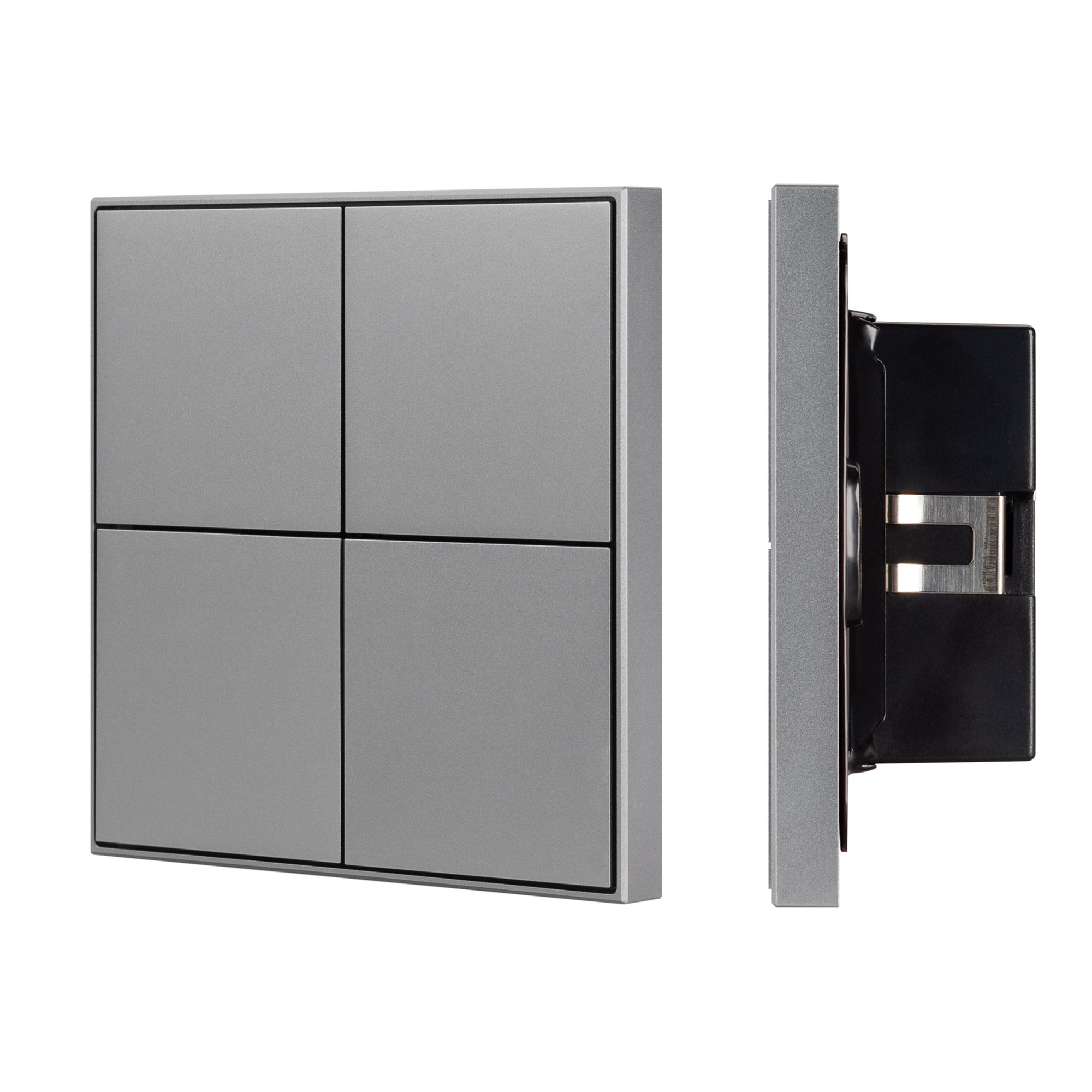 INTELLIGENT ARLIGHT Кнопочная панель KNX-304-23-IN Grey (BUS, Frame) 038402 - Универсальная многофункциональная встраиваемая настенная панель для систем KNX. 4 рокерные клавиши, 1 клавиша может выполнять функции 2-х клавиш. Тонкая рамка, материал - алюмин